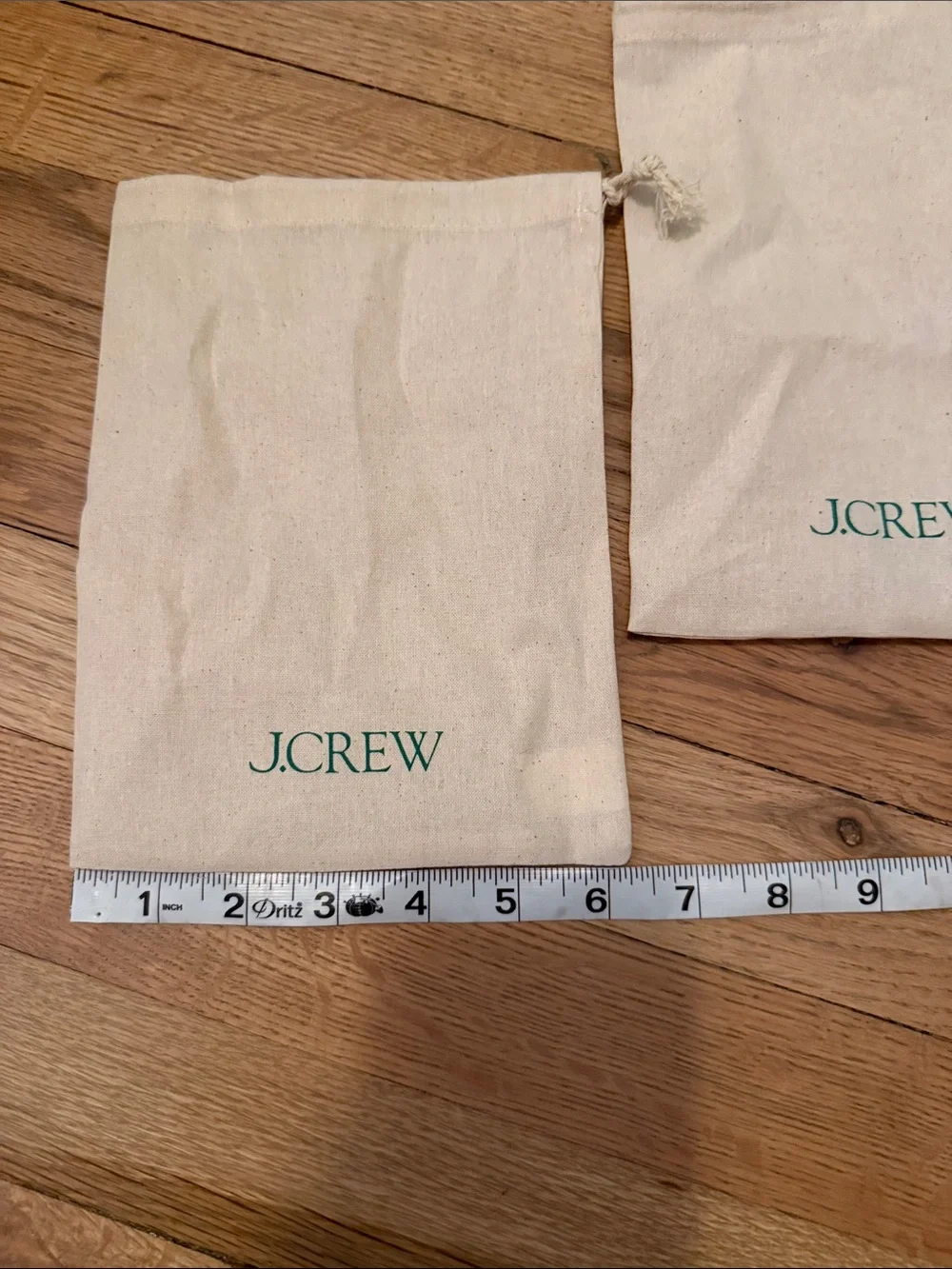 J. Crew Cream Canvas Drawstring Pouches with Green Logo (Set of 2) NEW